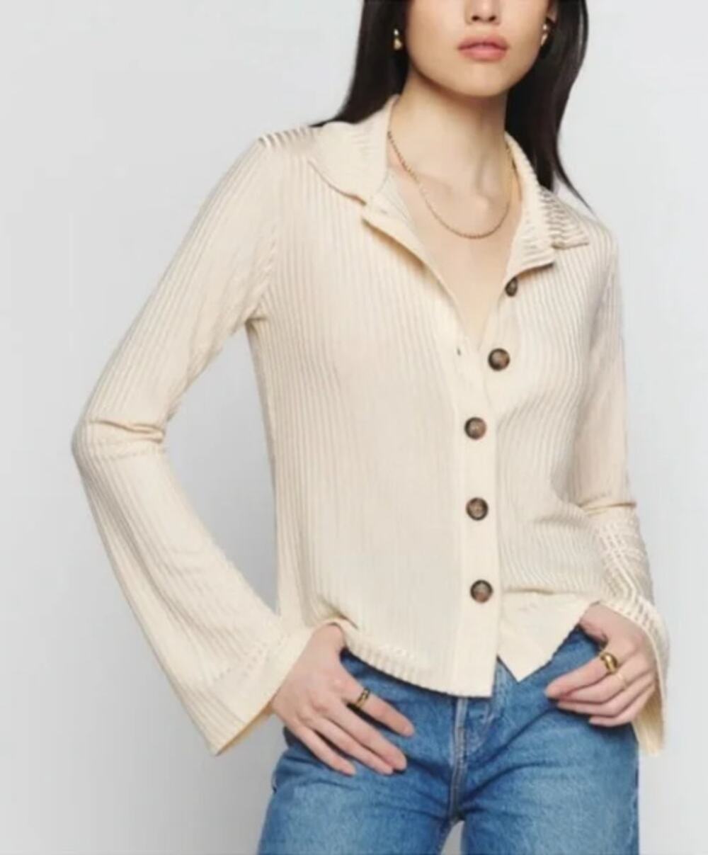 Reformation Esmeray Knit Top Cream Small Ivory Button Long sleeve